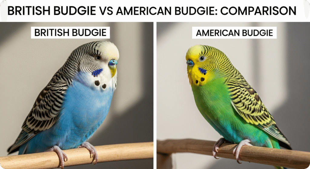 Side-by-side comparison of a British Budgie and an American Budgie highlighting differences in size, body shape, and feather patterns