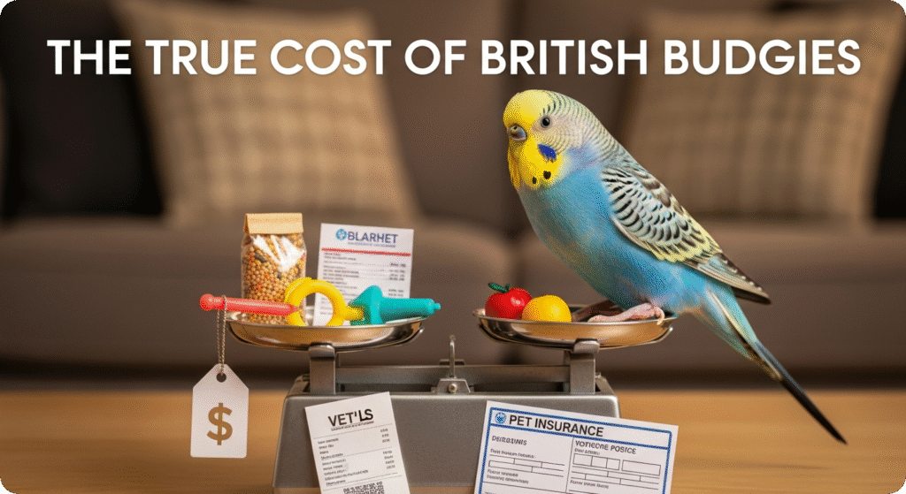 British Budgie perched on a hand, illustrating the care and investment involved in owning this pet bird