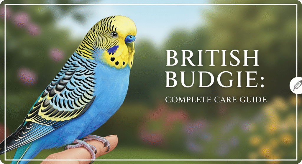 British Budgie in a spacious cage with toys and perches, representing proper care and a healthy environment