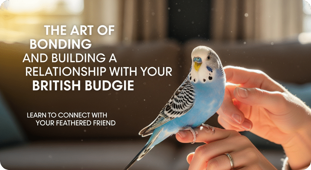 Person gently interacting with a British Budgie on their hand, showcasing trust and bonding between bird and owner