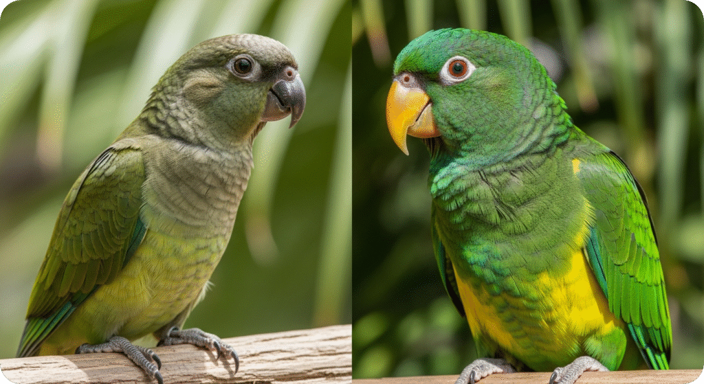 Two small green parrots side by side, illustrating differences in size, color, and features for comparison