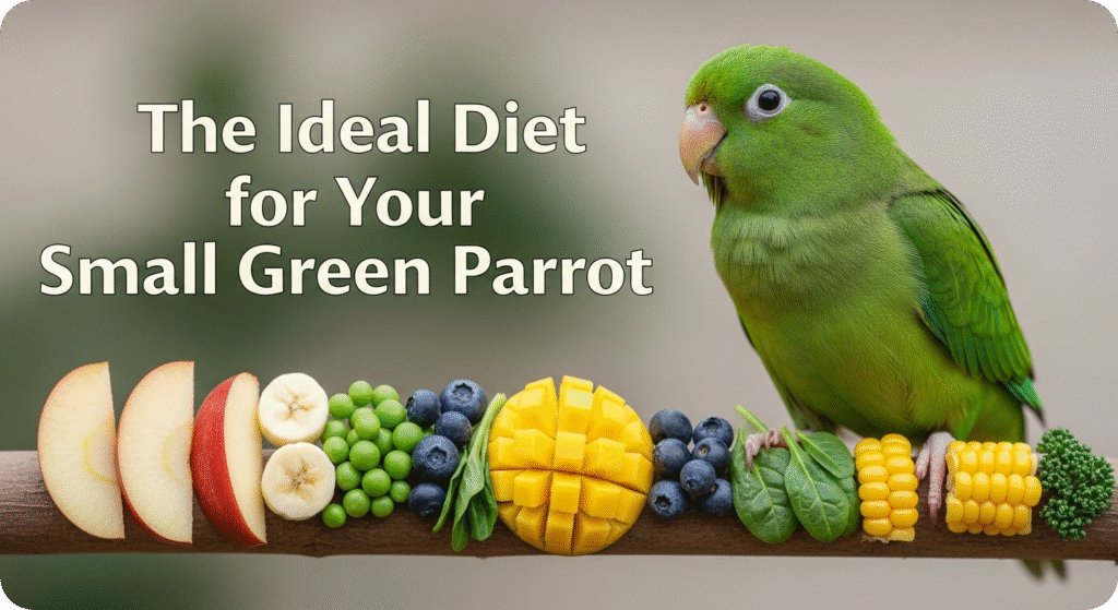 "Small green parrot eating a mix of seeds, fruits, and vegetables, demonstrating a healthy and balanced diet"