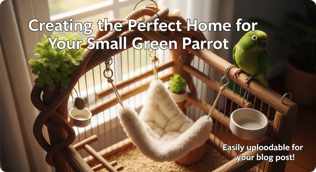 Small green parrot in a spacious, well-equipped cage with perches, toys, and enrichment items for a comfortable home.