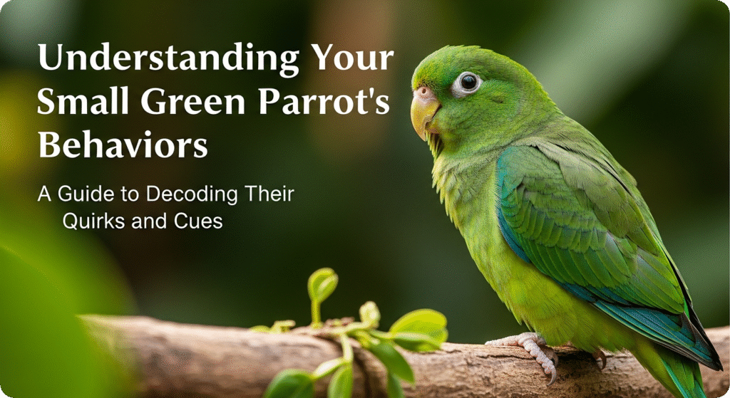 Small green parrot interacting with its surroundings, showing curious and playful behavior.