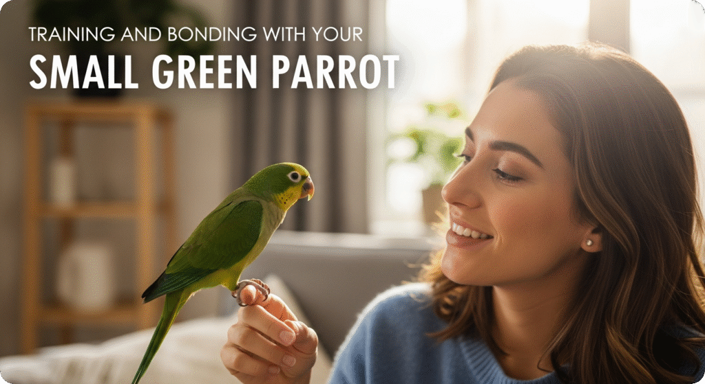 Person gently hand-feeding a small green parrot, demonstrating training and bonding techniques.