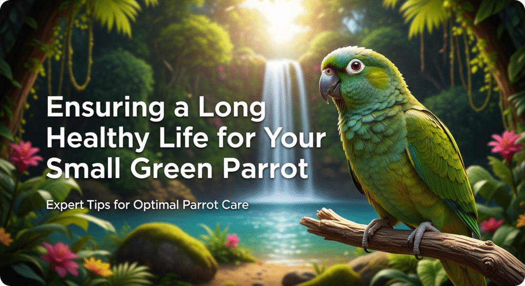 Healthy small green parrot perched on a branch, surrounded by fresh food and a clean environment, symbolizing long-term care
