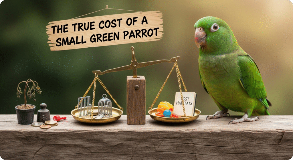 Small green parrot perched on a hand with accessories and food nearby, illustrating the costs of ownership