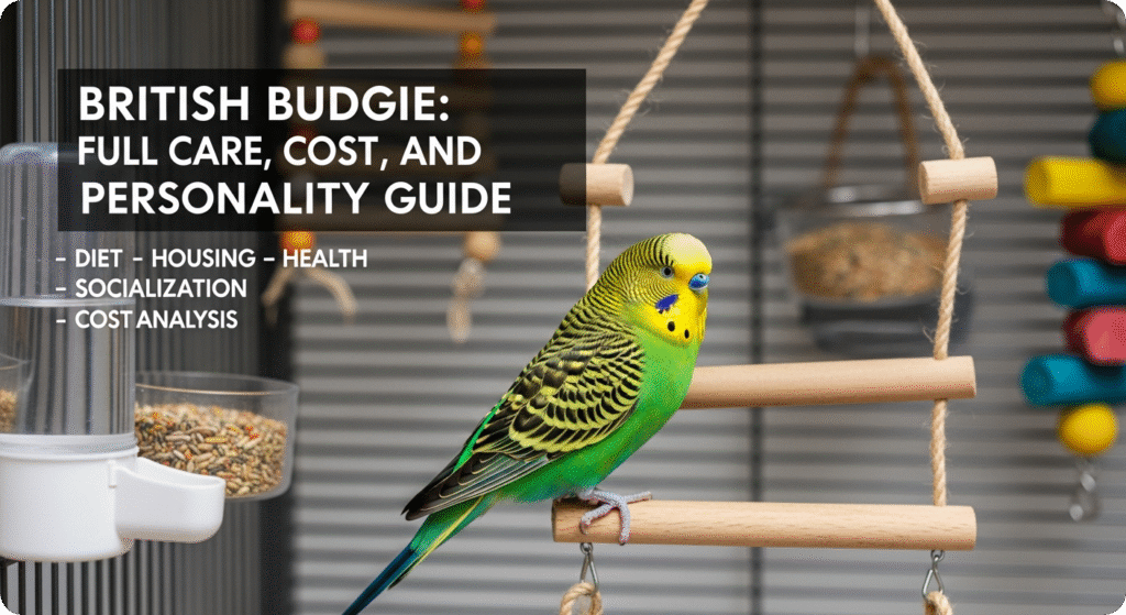 British Budgie perched on a colorful playstand, showing its vibrant feathers, friendly personality, and healthy appearance.