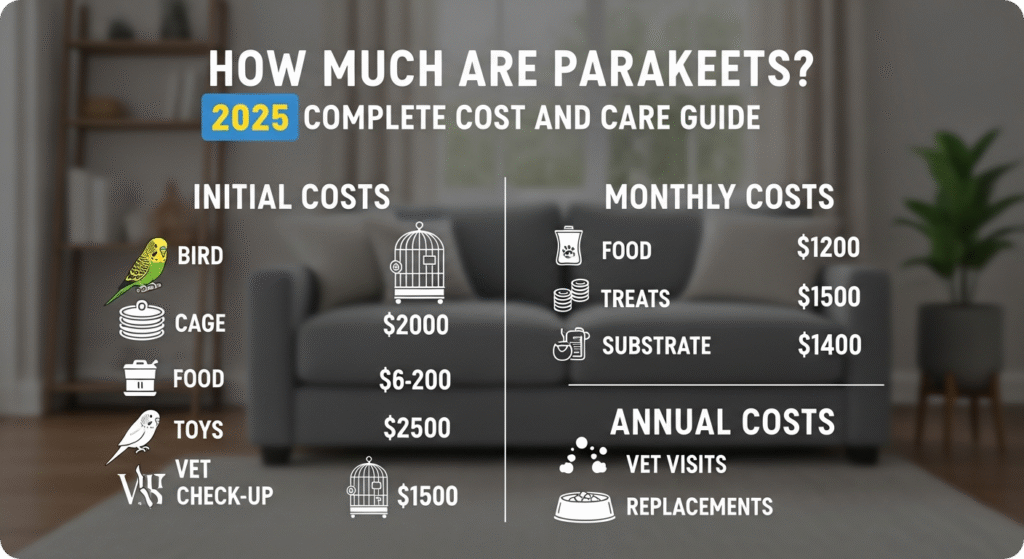 Colorful parakeets perched in a cage with food and toys, representing the cost and care involved in owning them