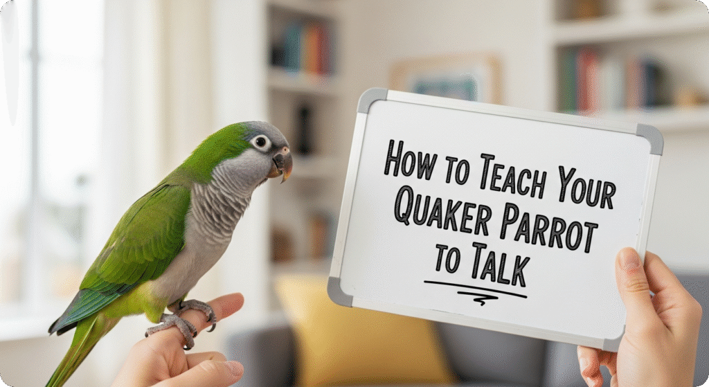 A Quaker Parrot perched on a finger, attentively listening, demonstrating steps to learn talking and mimicry skills.