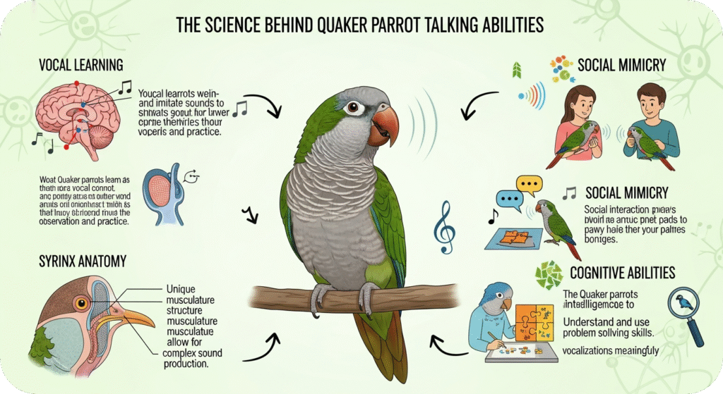 A Quaker parrot perched and mimicking speech sounds, illustrating the science behind Quaker parrot talking abilities.