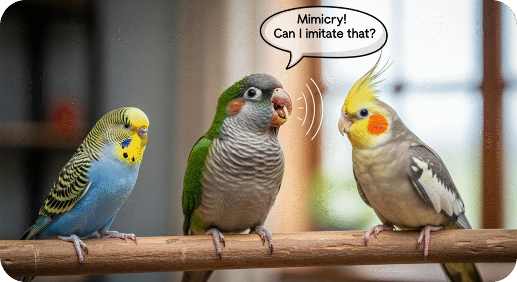 A Quaker parrot vocalizing while perched, representing the understanding of Quaker parrot vocal capabilities.