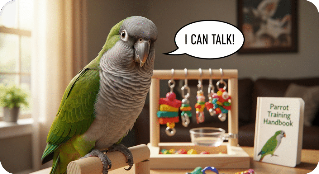 A Quaker parrot in a stimulating environment with toys and human interaction, showing how to create the optimal setting for Quaker parrot talking.