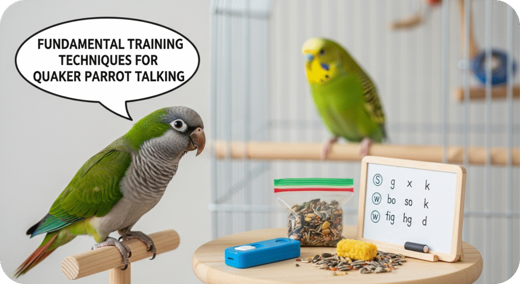 A Quaker parrot being gently trained to talk by its owner using positive reinforcement and repetition.