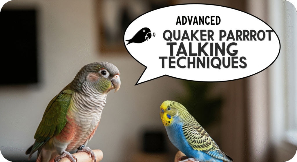 A Quaker parrot demonstrating advanced talking techniques, responding to voice commands and mimicking complex phrases.