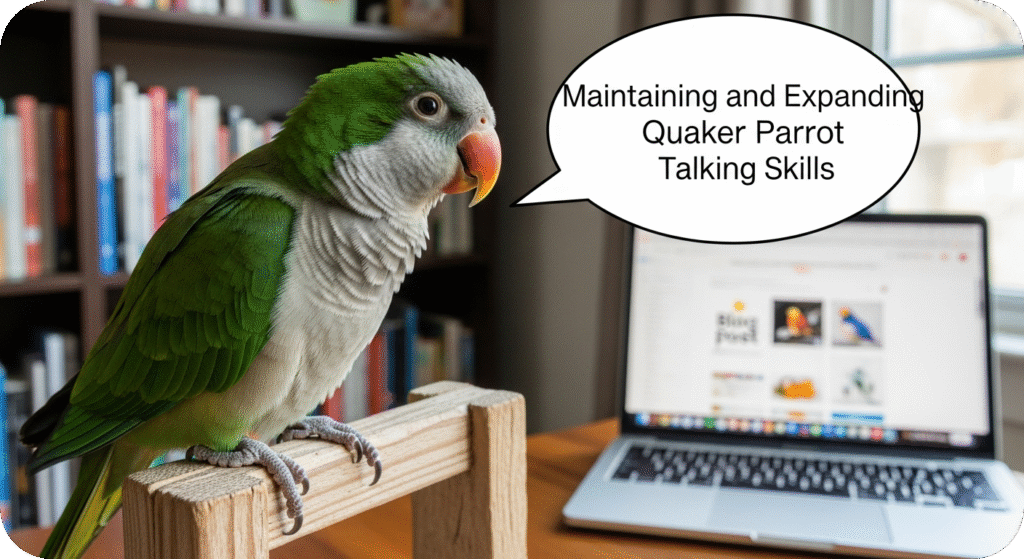 A Quaker parrot practicing and learning new words with its owner, maintaining and expanding its talking skills.