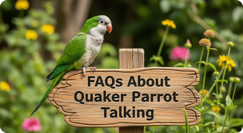 A curious Quaker parrot perched while a person answers common questions about its talking abilities.