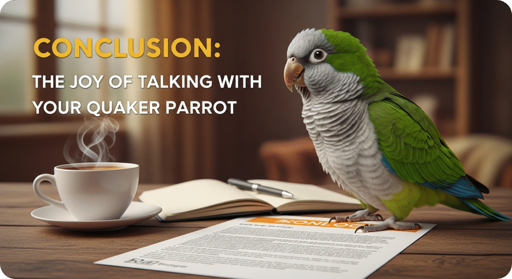 A Quaker parrot happily interacting and “talking” with its owner, capturing the joy of their communication.
