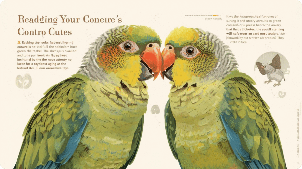 Two illustrated green conures facing each other on a mock magazine page with text "Readding Your Coneire's".
