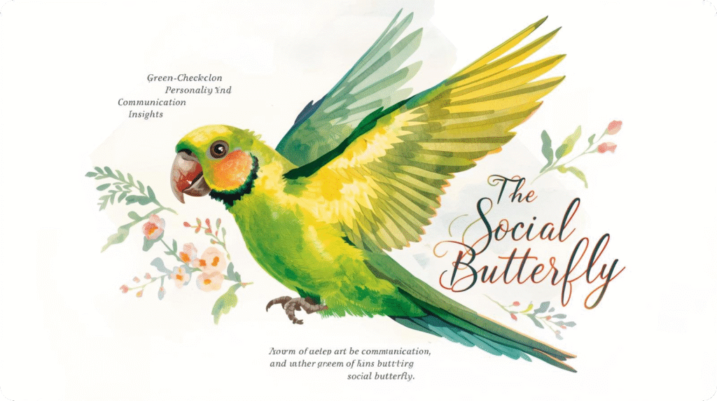 Flying green parakeet watercolor art with the text "The Social Butterfly" and floral details.
