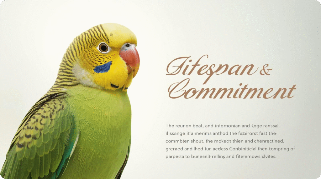 Green and yellow budgie portrait next to the heading "Lifespan & Commitment".
