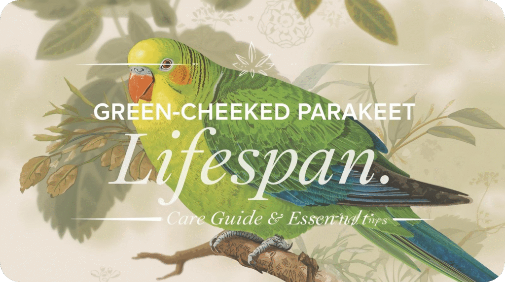 Illustrated green-cheeked parakeet on a branch with text "Lifespan. Care Guide & Essential Tips."
