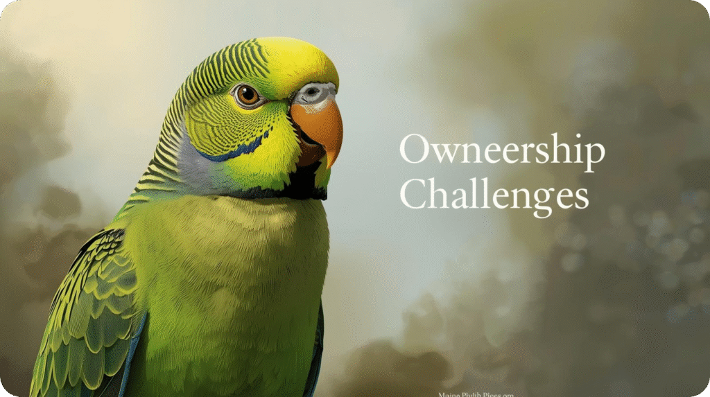 Green parakeet with a yellow head and orange beak next to text "Owneership Challenges".
