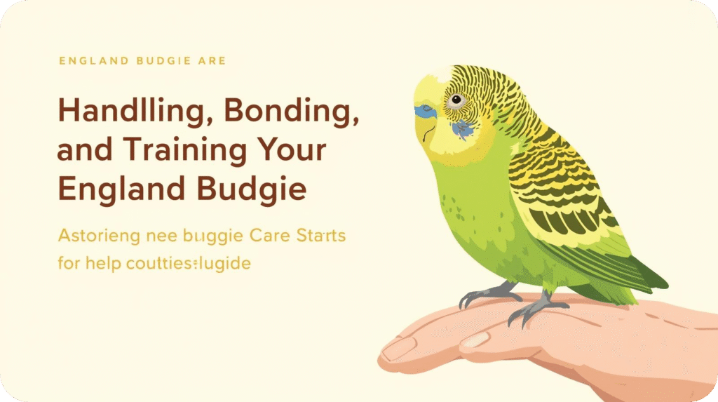 A graphic about "Handling, Bonding, and Training Your England Budgie" with a budgie perched on a hand.