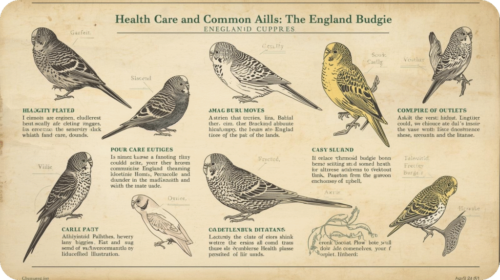 A vintage-style chart titled "Health Care and Common Ails: The England Budgie" with various budgie illustrations.