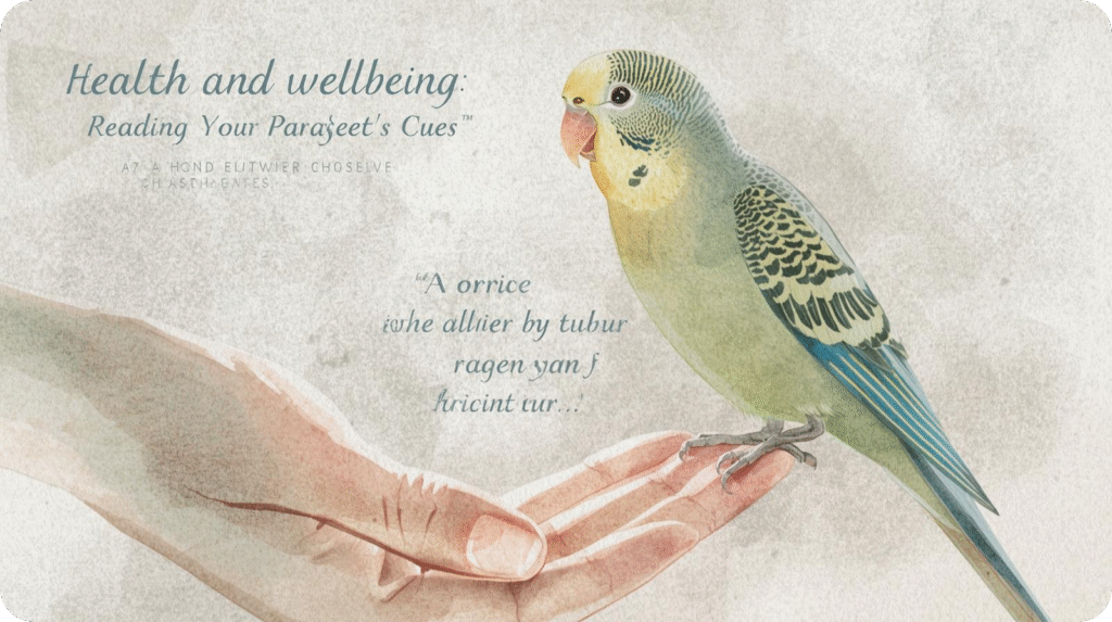 Illustration of a parakeet perched on a hand with text "Health and wellbeing: Reading Your Parakeet's Cues".