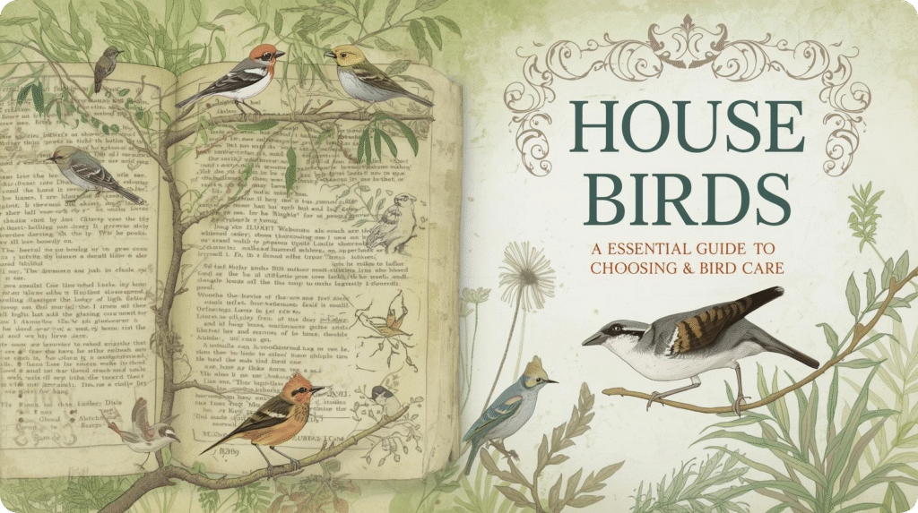 Essential guide cover for caring for house birds, featuring various bird species and care tips.