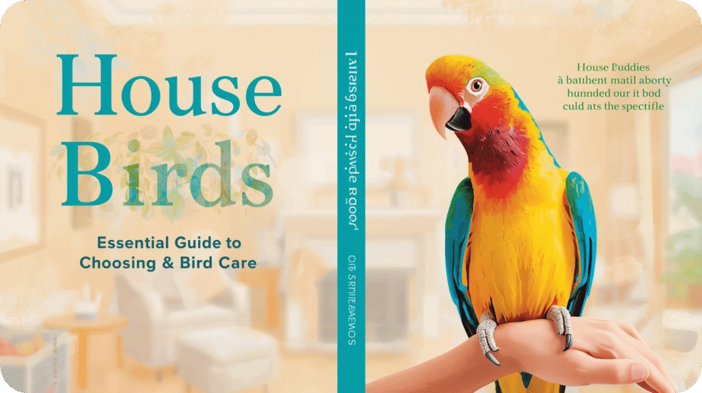 "House Birds" book cover featuring a colorful parrot on a hand. Subtitle: Essential Guide to Choosing & Bird Care.
