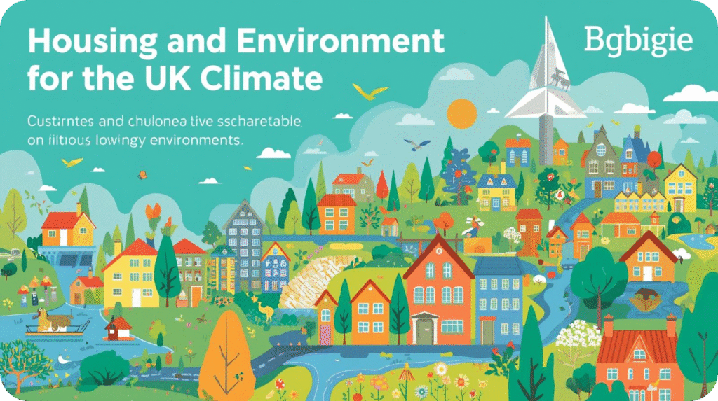 An illustration titled "Housing and Environment for the UK Climate" depicting a colorful town with houses and nature.
