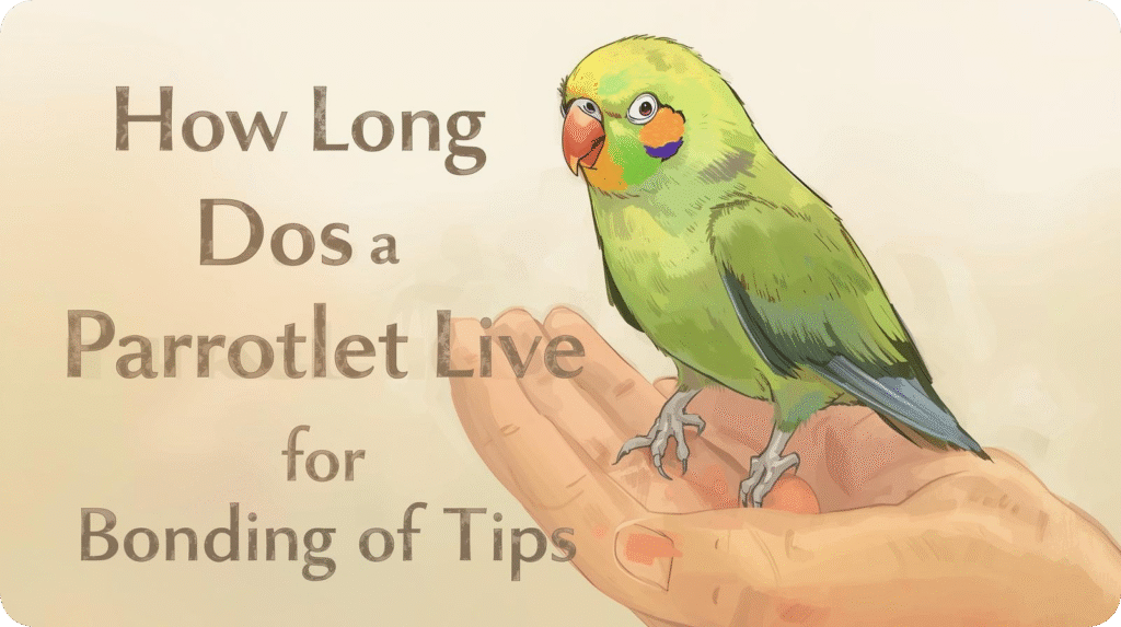 Illustrated green parrotlet on a hand with text "How Long Dos a Parrotlet Live for Bonding of Tips".
