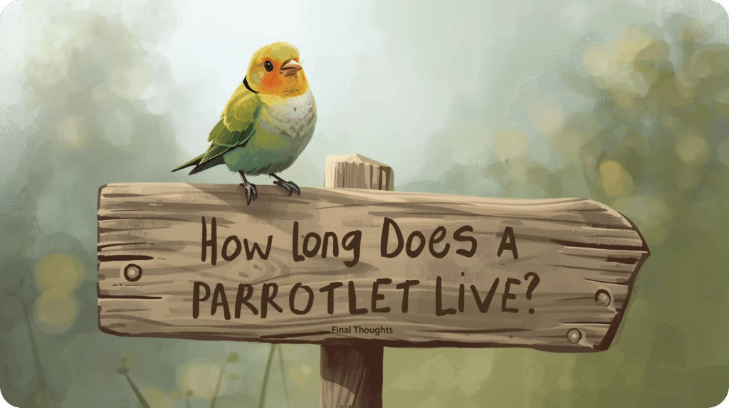 Parrotlet perched on a wooden sign reading "How long Does A PARROTLET LIVE?" with "Final Thoughts".

