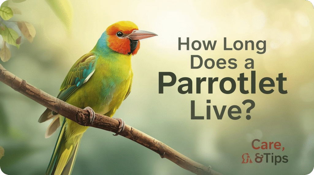 Colorful parrotlet on a branch next to text "How Long Does a Parrotlet Live? Care & Tips".
