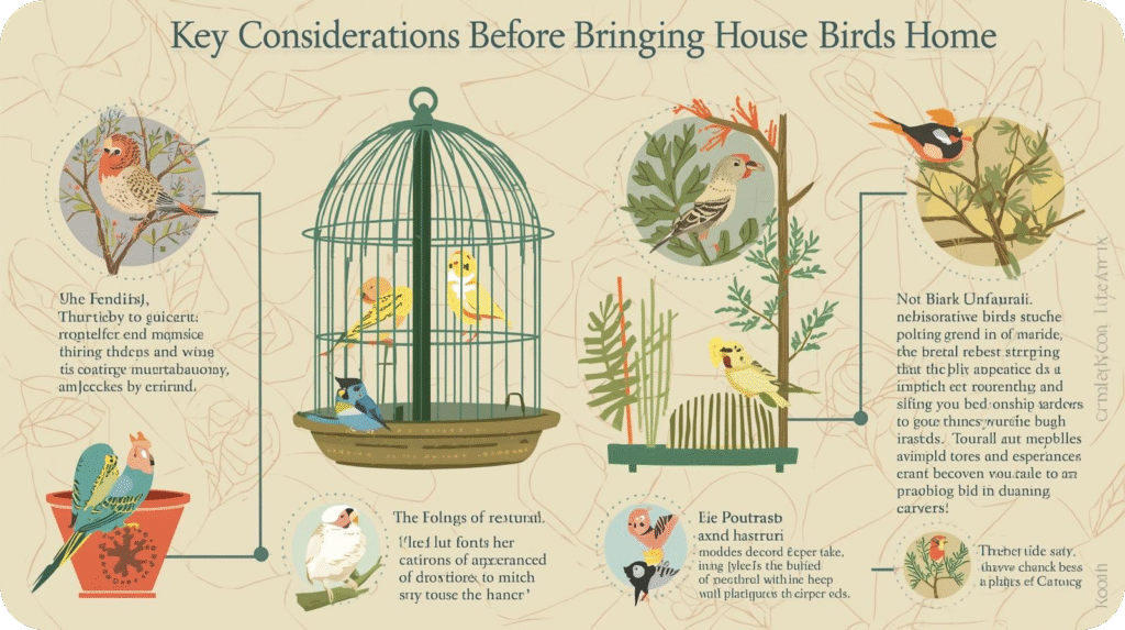 Infographic "Key Considerations Before Bringing House Birds Home" featuring illustrations of birds, cages and tips.
