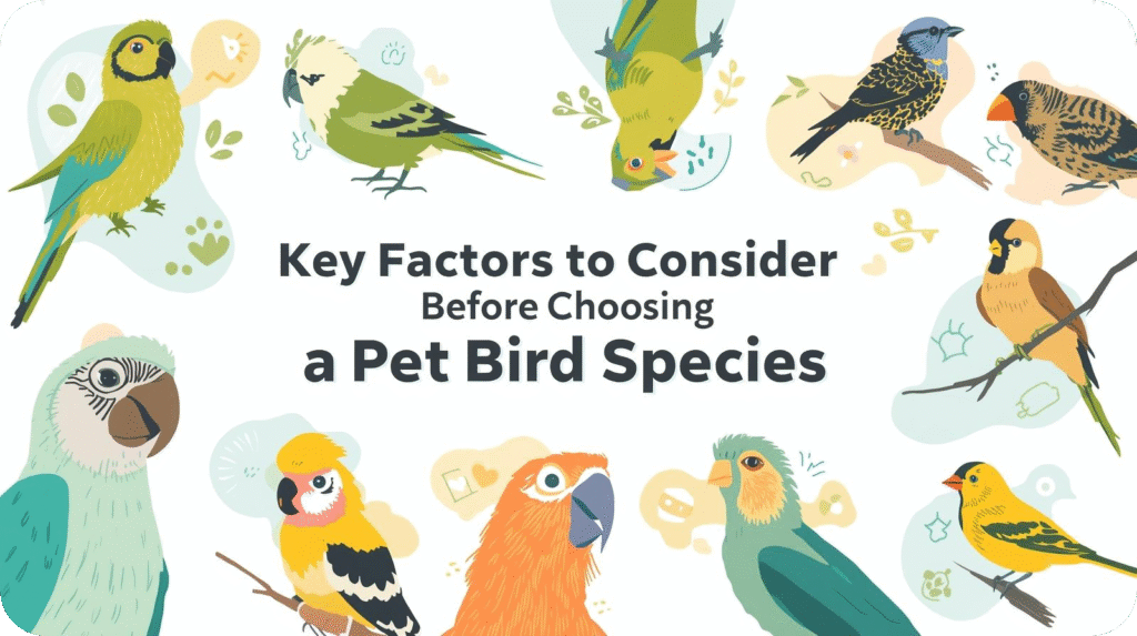 "Key Factors to Consider Before Choosing a Pet Bird Species" text framed by illustrations of colorful birds.
