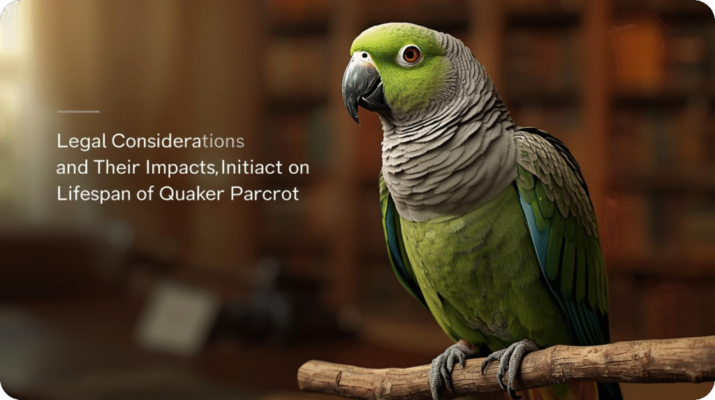 Green parrot on branch, text 'Legal Considerations and Their Impacts, Initiact on Lifespan of Quaker Parcrot'.