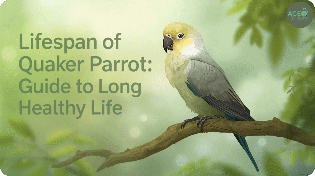 Quaker parrot on branch with text "Lifespan of Quaker Parrot: Guide to Long Healthy Life".