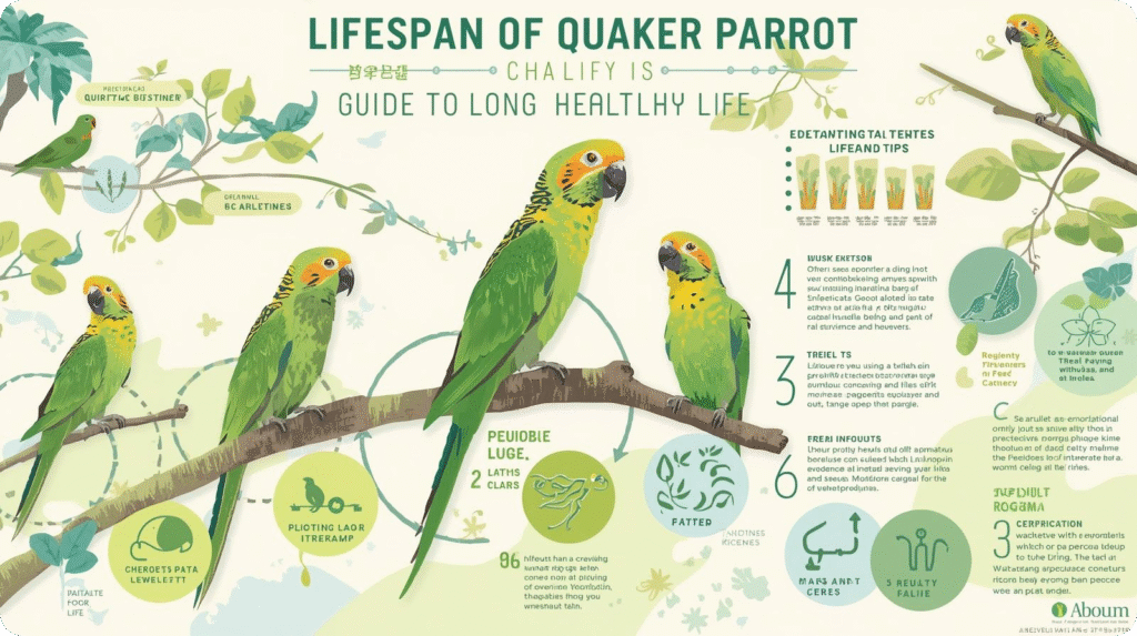 Infographic illustrating the life span of Quaker parrots, highlighting key stages and average longevity.