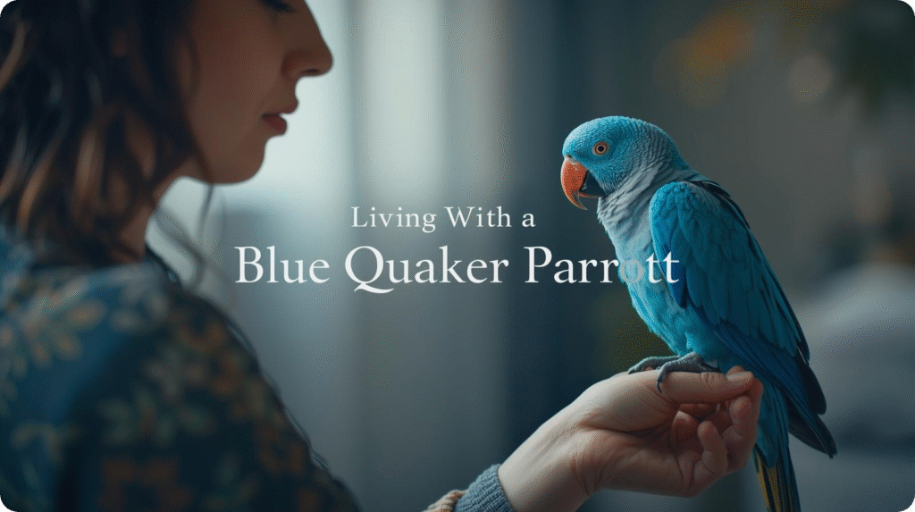 A blue Quaker parrot perched on a branch, surrounded by vibrant green foliage, showcasing its colorful feathers.