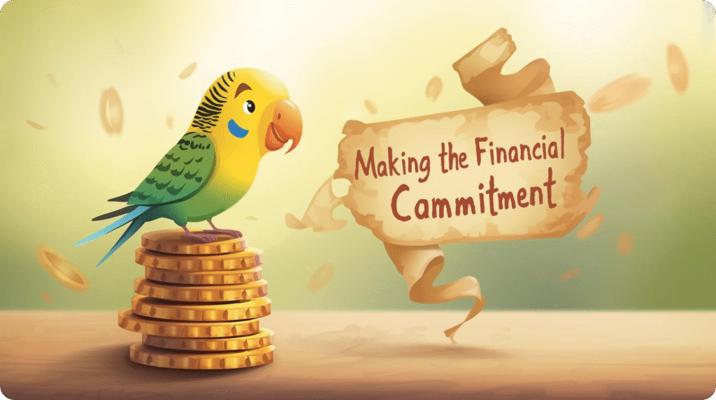 Cartoon parakeet standing on stacked gold coins beside a scroll that reads “Making the Financial Commitment.”