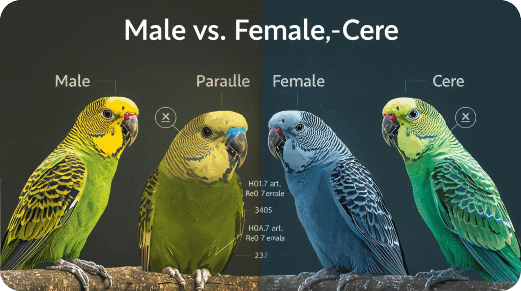 "Lutino female parakeet with pinkish cere resting on perch