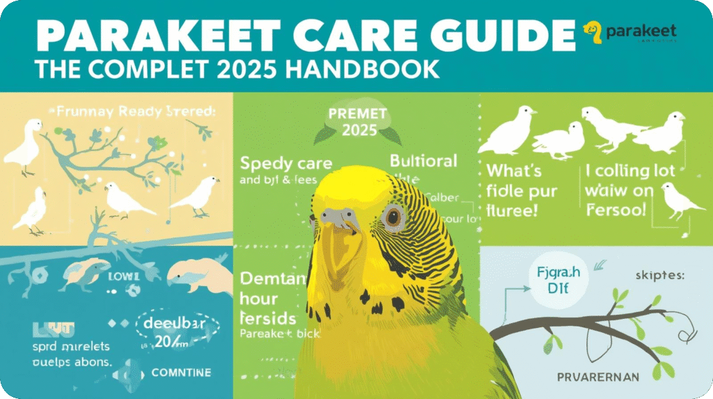 2025 parakeet care guide infographic with colorful illustrations of birds, cages, food, and toys.
