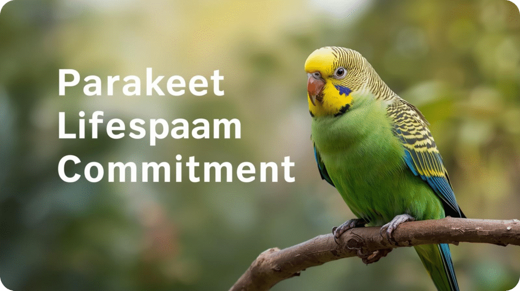 Green parakeet perched on a branch with text "Parakeet Lifespaam Commitment".