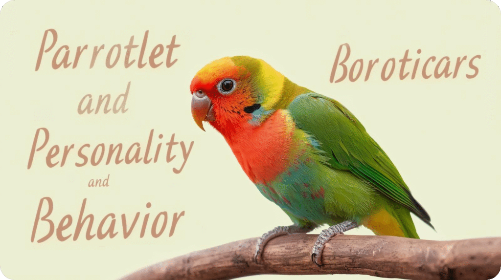 Red and green parrotlet perched on a branch with text "Parrotlet and Personality and Behavior".
