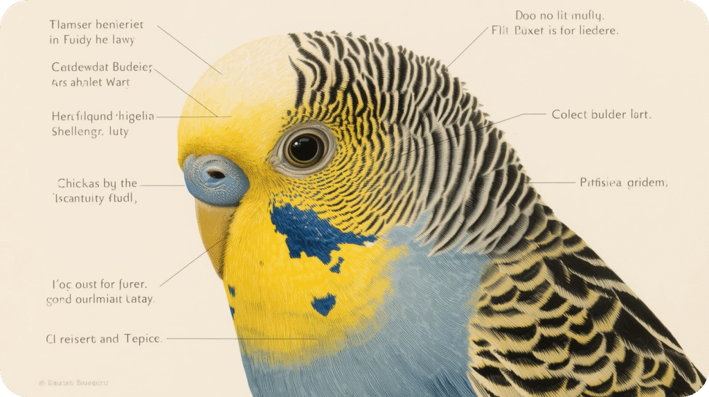 A close-up illustration of a budgie's head and upper body, with various parts labeled with text.