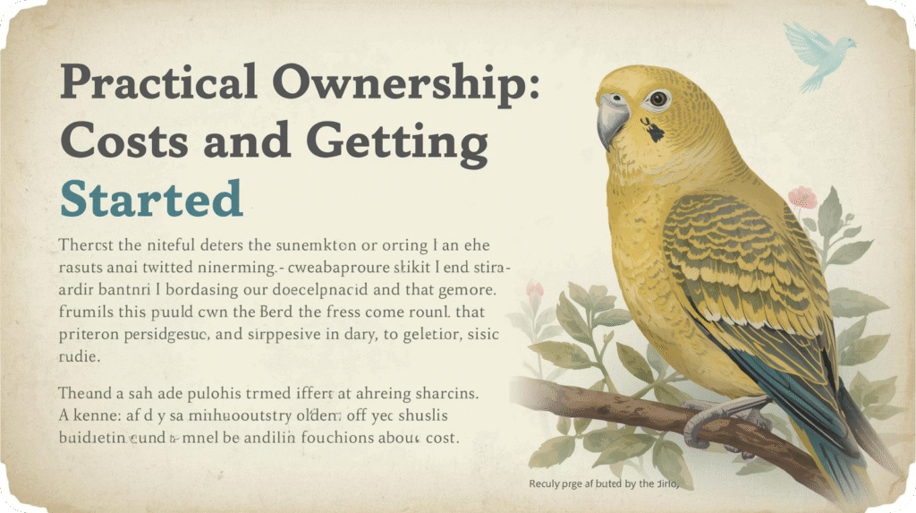 Yellow parakeet illustration with text "Practical Ownership: Costs and Getting Started" on a beige background.
