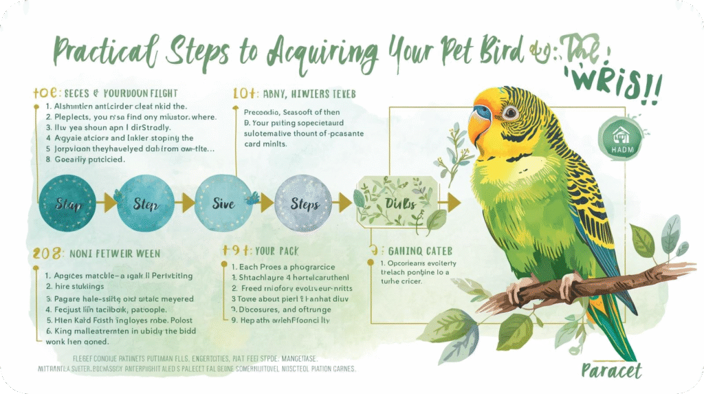 Infographic "Practical Steps to Acquiring Your Pet Bird" featuring a green parakeet and step-by-step lists.
